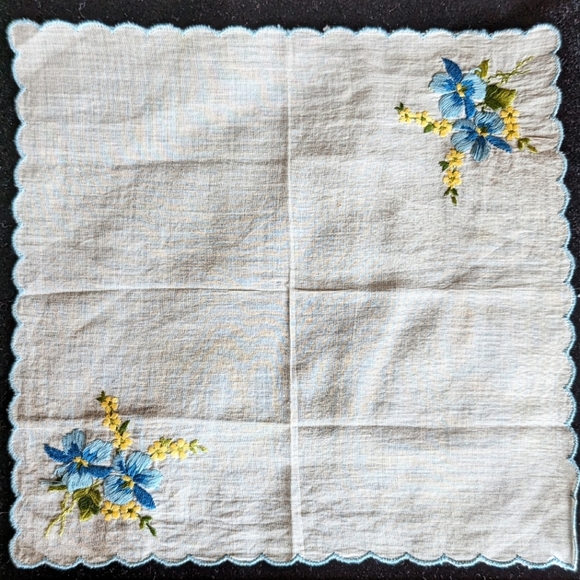 Vintage Accessories - Vintage White Handkerchief with Embroidered Blue/Yellow and Green Floral Pattern